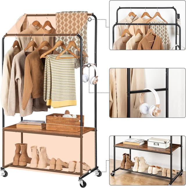 Thumbnail 4 de HOOBRO Perchero Burro Doble con Ruedas 🧥 Industrial Marrón y Negro