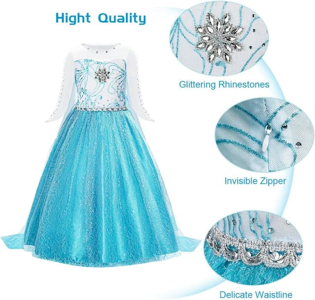 Detalle 2 de URAQT Costume di Principessa “Verde Chiaro” con corona, bacchetta, guanti e treccia finta (100–150)