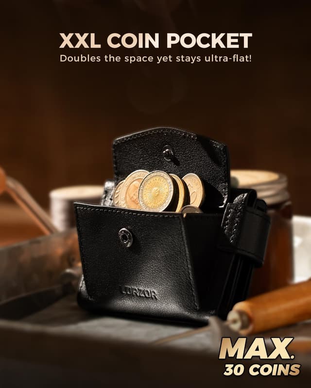 Detalle 2 de LORZOR Magnetic Closure Card Holder with XXL Coin Pocket – Slim Genuine Leather RFID Wallet