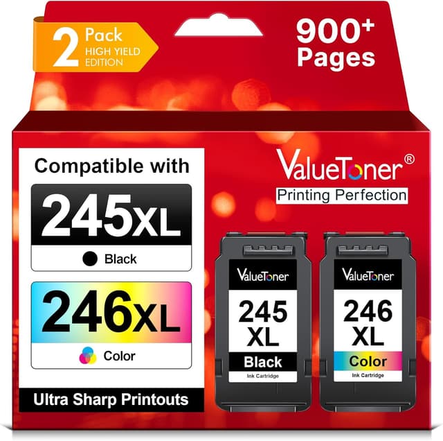Detalle de Valuetoner 245XL / 246XL Combo Pack Ink Cartridges (PG-245XL Black, CL-246XL Tri-color) for Canon Pixma