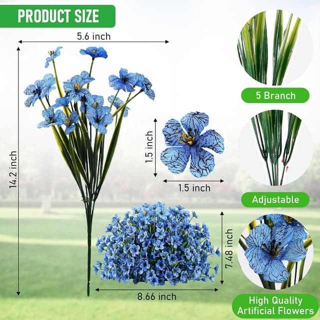 Detalle 2 de 22-Pack UV-Resistant Outdoor Artificial Flowers (Blue) with PE Plastic Stems