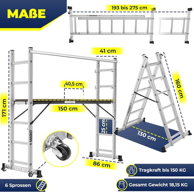 Detalle de Masko® Baugerüst Alugerüst „4in1“ mit Anlegeleiter, Bockleiter und Arbeitsbühne – bis 150 kg belastbar