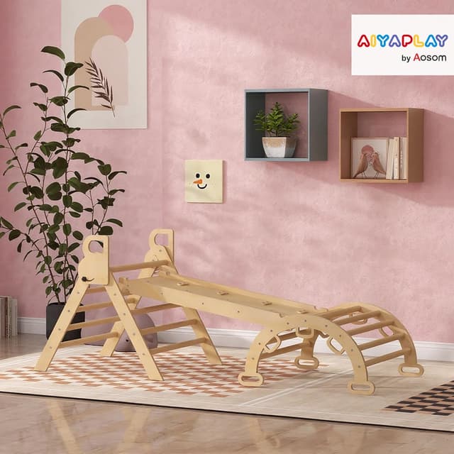 Detalle 2 de AIYAPLAY Triangle d’escalade enfants 5 en 1 (triangle, arche basculante, rampe réversible, toboggan, bascule) jusqu’à 50 kg
