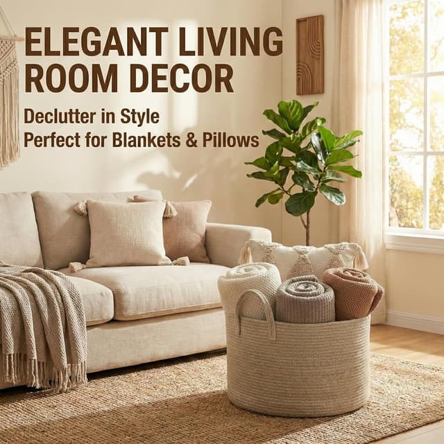 Detalle 2 de JMvicyroam 65L Extra-Large Blanket Basket (Woven Cotton Rope Laundry Hamper) — Oatmeal