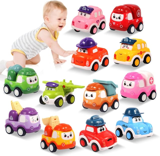 Detalle de 12-Piece Pull-Back Car Set for Toddlers (Ages 12–36 Months) — Bright Construction & Racing Vehicle Toys