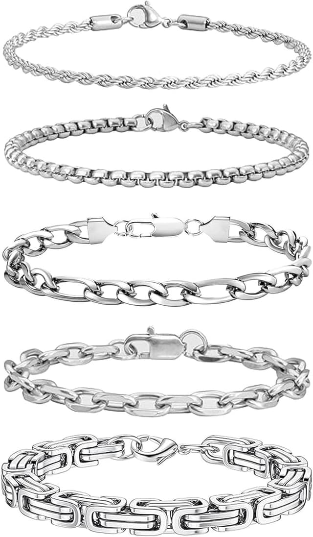 Detalle de JENCVNL Herrenarmband im Set (5 Stück) aus Edelstahl, Silberfarbene Panzerkette