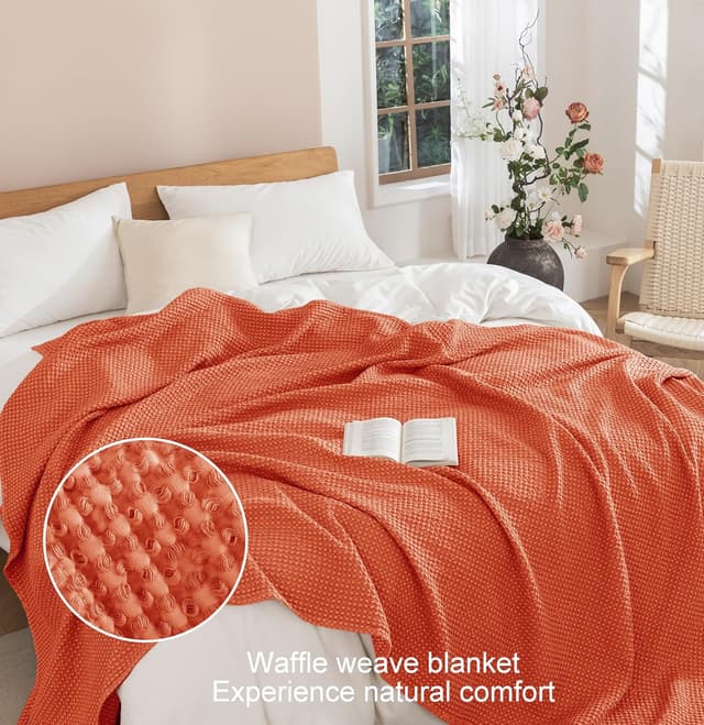 Detalle de Talasily 100% Cotton Waffle Blanket Throw (150 x 200cm) – Orange-red