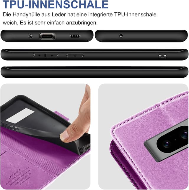 Detalle 2 de Giyer Hülle für Google Pixel 8 mit Displayschutzfolie – PU-Leder Wallet Case mit Kartenfächern und Standfunktion (Lila)