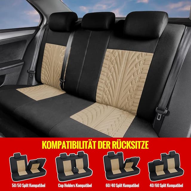 Detalle de AUTOYOUTH Universal Autositzbezüge Komplettset (Beige) – mit Reifenschienen & universellem Sitzschoner-Set