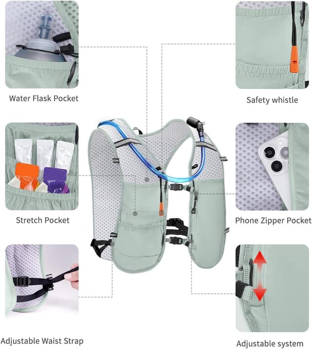 Detalle de ECOHUB Laufweste für Damen & Herren mit 2-L-Trinkflasche, ultraleicht & reflektierend (Grün)