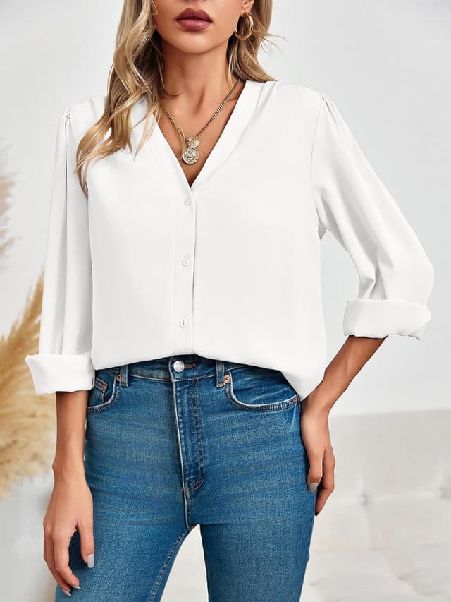 Detalle de Long Sleeve V Neck Chiffon Blouse Top