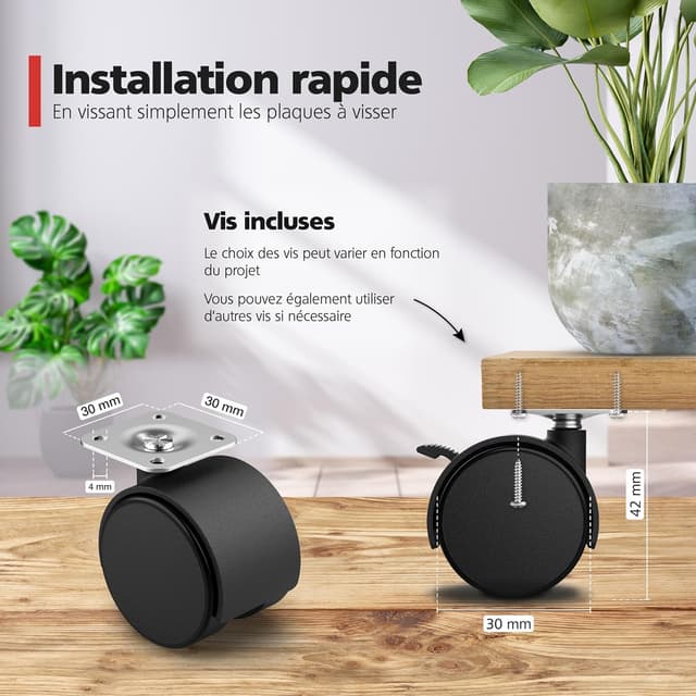 Detalle 2 de RAVN HAMAN : jeu de 4 roulettes pivotantes de meuble (30 mm) avec freins, jusqu’à 10 kg par roue