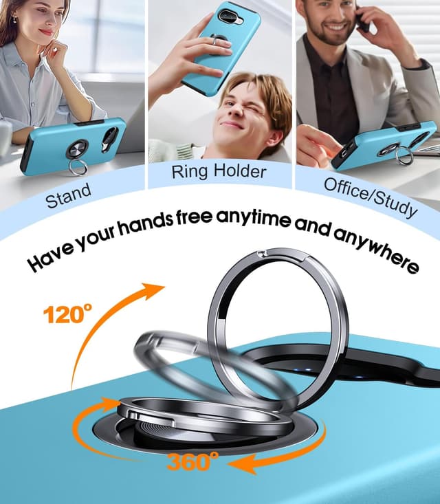 Detalle de AOUIA for Google Pixel 10A Case with 2-Pack Screen Protector and 360° Metal Ring Stand (Sky Blue)
