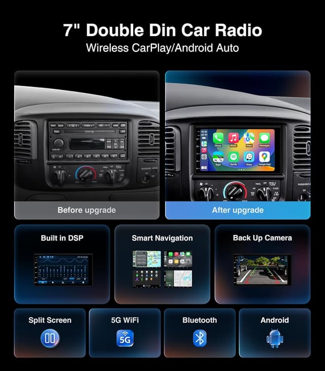 Detalle de AINAVI 7-inch Android Double Din Car Radio with CarPlay/Android Auto, 2+32G, 48B EQ & DSP, Backup Camera Input