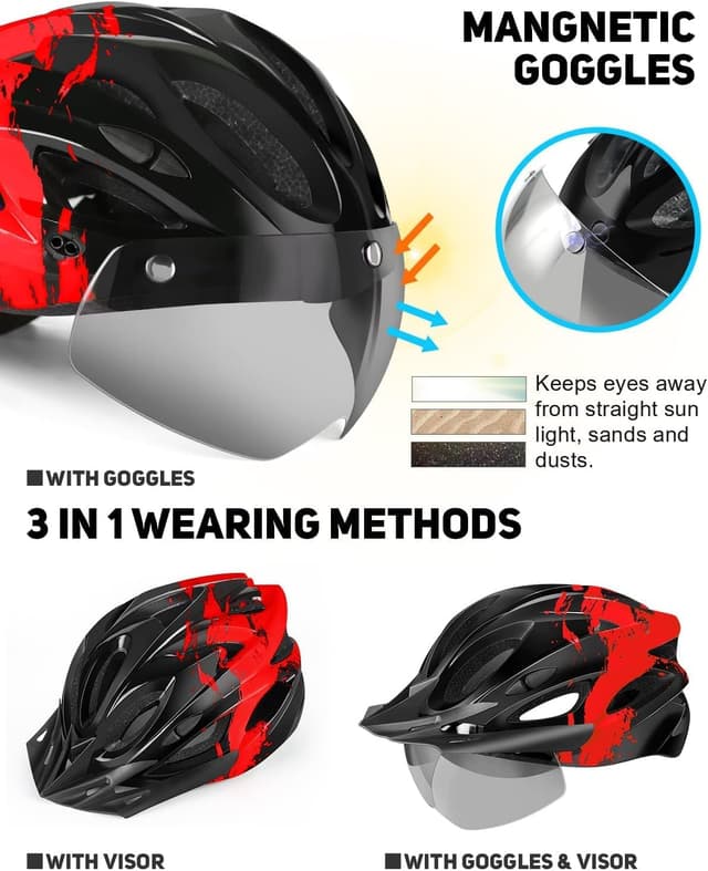 Detalle de RaMokey Fahrradhelm für Erwachsene mit Licht und abnehmbarer Magnet-Schutzbrille (57–62 cm)