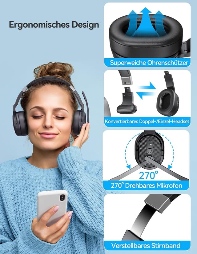 Detalle de TECKNET Bluetooth Headset mit Mikrofon (Single/Dual Noise Cancelling) inkl. USB-Dongle – für Office & Calls