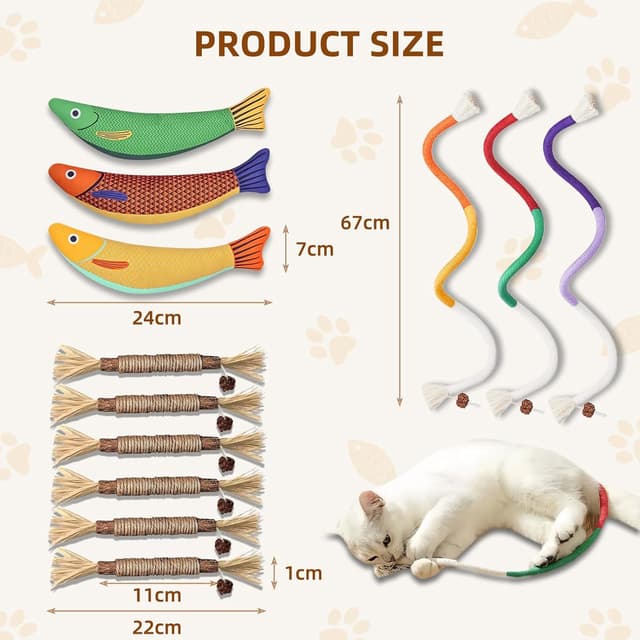 Detalle de lompyeu Katzenminze Spielzeug 12-teiliges Set mit Kauhölzern, Beißseilen und Plüschfisch