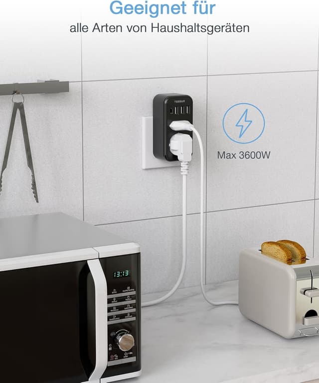 Detalle de TESSAN Doppelstecker für Steckdose mit USB‑C – 2fach Adapter + 4× USB Netzstecker (3600 W, Schwarz)