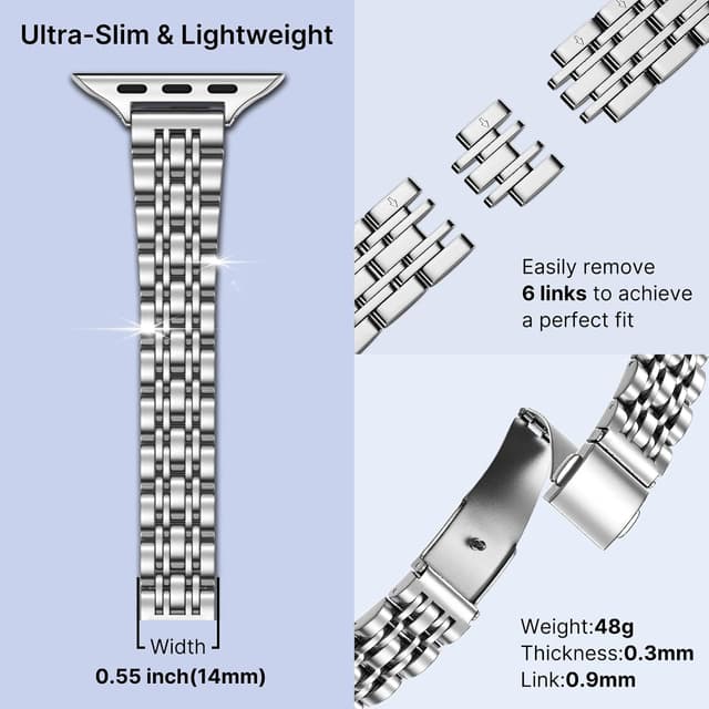 Detalle de Fullmosa Slim Metal Straps for Apple Watch (Silver) – Compatible with 42mm/41mm/40mm/38mm
