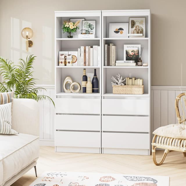 Detalle de FirFurd bibliothèque haute autoportante blanche avec 3 étagères et 3 tiroirs (60 x 35 x 180 cm)