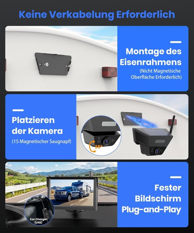 Detalle de AUTO-VOX kabellose Rückfahrkamera mit Solar & Magnet, 5" 1080P Monitor (bis 115 m)