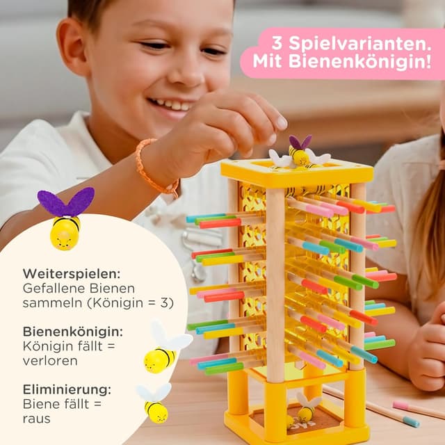 Thumbnail 3 de Nene Toys BeeFall Bienen Geschicklichkeitsspiel (4-in-1) mit Würfel, Aktionskarten & Rainbow Sticks – Holz-Turmspiel für Kinder ab 3