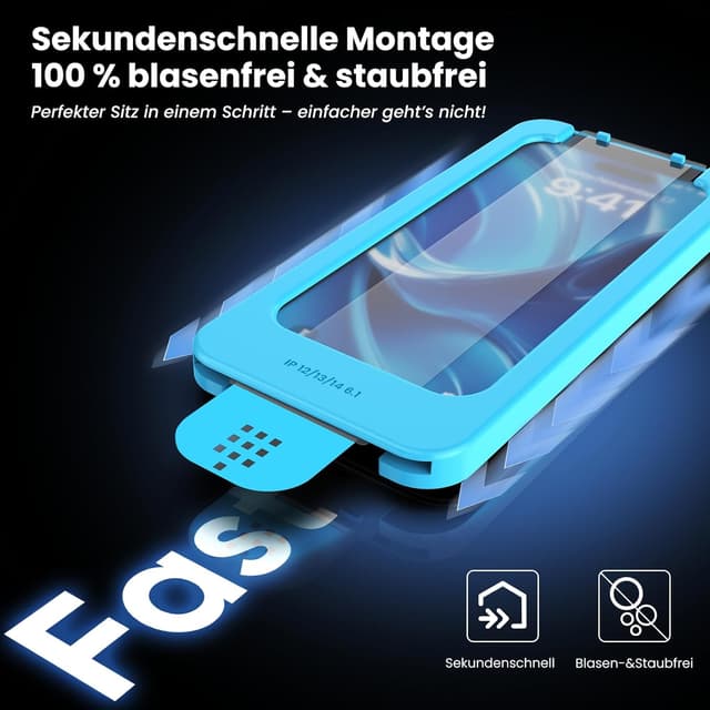 Detalle 2 de DEINODON Panzerglas für iPhone 13 Pro/13/14/16e/17e (Auto-Montage, 9H+ Full Screen) – 2 Stück, blasenfrei