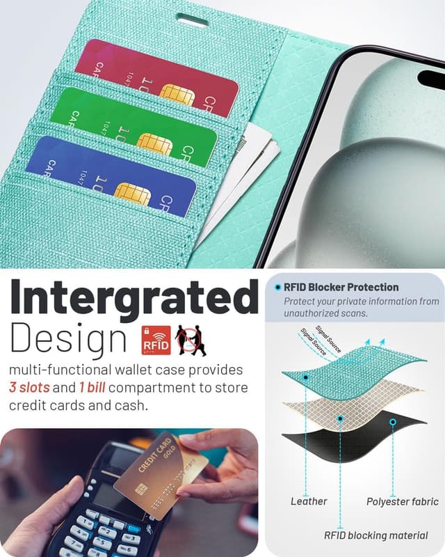 Detalle de OCASE iPhone 16 Pro Hülle mit Kartenfach, Standfunktion & RFID-Schutz (PU-Leder) – Klapphülle für 6,3 Zoll