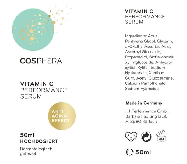 Detalle 2 de Cosphera Vitamin C Performance Serum hochdosiert 50 ml – Vitamin-C-Konzentrat-Gel mit Hyaluronsäure