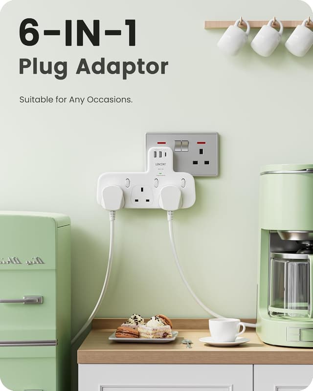 Detalle 2 de LENCENT 3-Way Plug Extension with Surge Protection, 1 USB-C and 2 USB-A Ports (13A, 3250W)