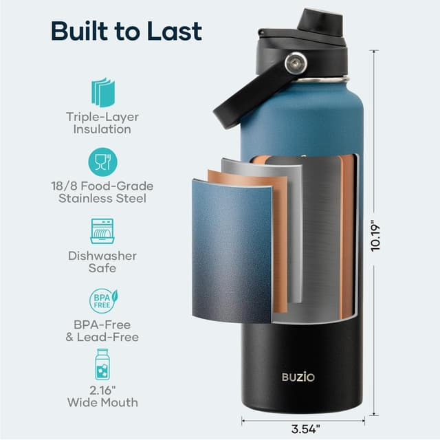 Detalle de BUZIO 1180 ml Stainless Steel Vacuum Water Bottle with Straw Lid and Flex Cap (Indigo Crush)