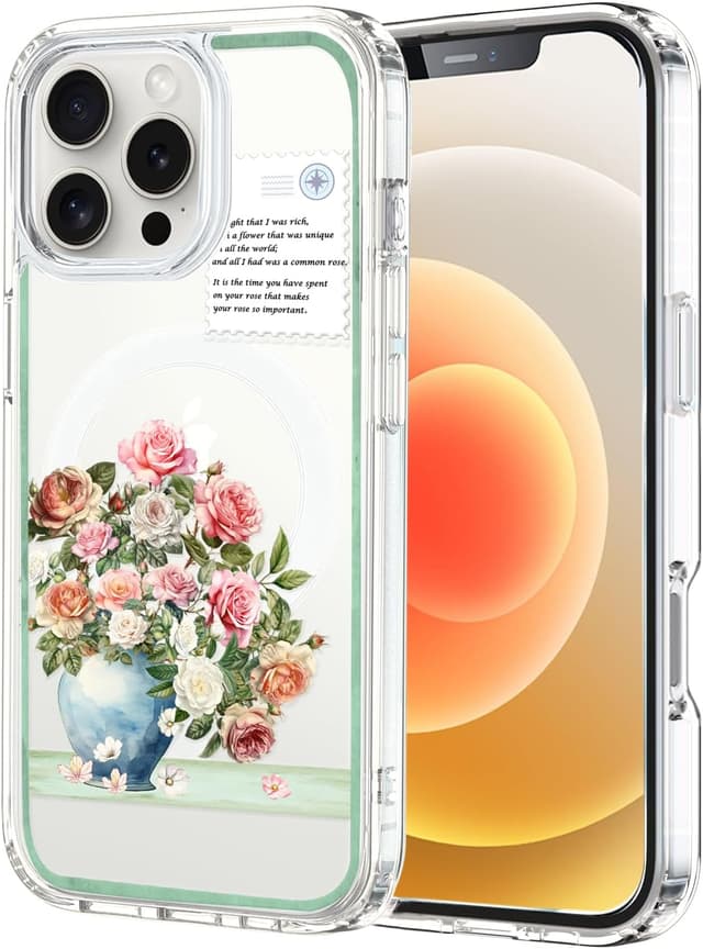 Detalle de Unov iPhone 16 Pro Max MagSafe-compatible clear case with embossed Rose Bouquet design