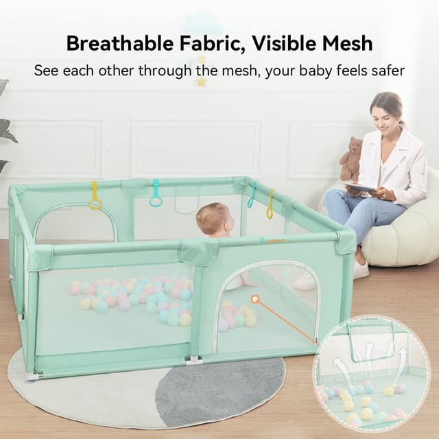 Detalle de COMOMY Laufstall Baby XXL 180×200×66 cm mit 50 Bällen, Mini-Körbchen und 4 Zugringen – Grün