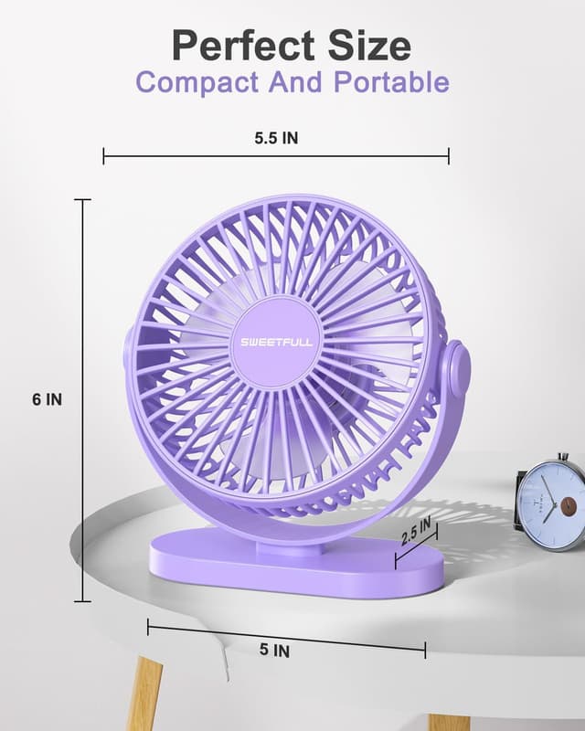 Detalle de SWEETFULL USB Desk Fan – 3-speed silent mini fan with 360° adjustable head (Purple)