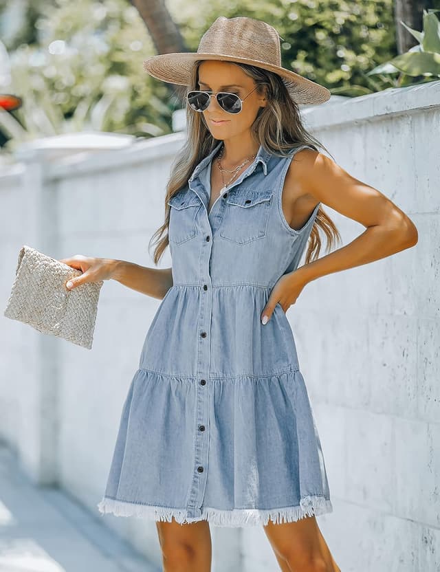 Detalle de luvamia Women’s Casual Summer Lapel Sleeveless Button-Down Short Denim Jean Dress