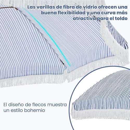 Detalle de Yaheetech Ombrellone da spiaggia e giardino inclinabile 215 cm con frange, poliestere e metallo, blu e bianco