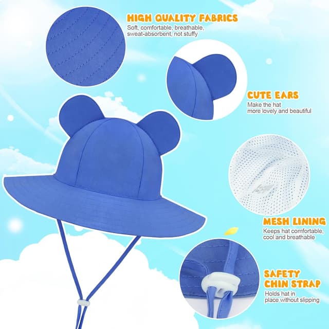 Detalle 2 de DRESHOW Baby Sun Hat (UPF 50+) Toddler Wide Brim Bucket Cap with Chin Strap & Bear Ears