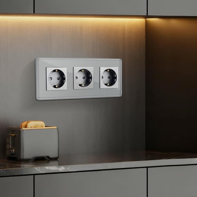 Detalle de TAWOIA Schuko-Unterputz-Steckdose 3-fach (EU-Standard), 2,5D gebogene Glasplatte, grau