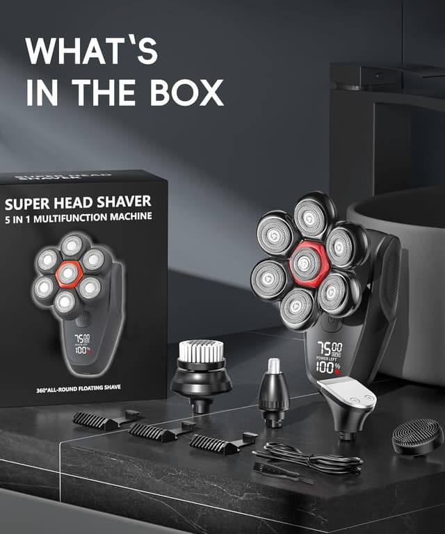 Thumbnail 6 de MALEGEBAZ 5-in-1 7D Rotary Electric Head Shaver Kit for Bald Men (IPX8 Wet/Dry)