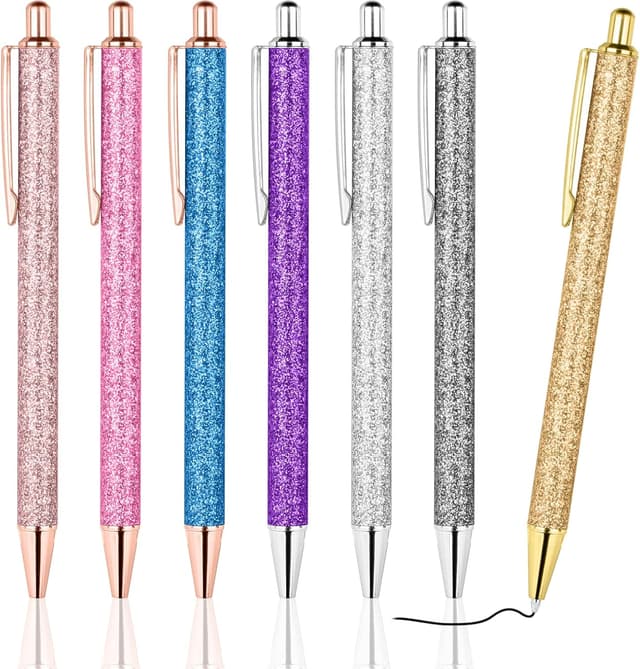 Detalle de Set AUAUY da 7 penne a sfera retrattili con glitter e inchiostro nero
