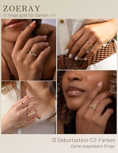 Detalle de ZOERAY ZORAY anillo apilable baño oro 18k con piedras de nacimiento (circonita cúbica)