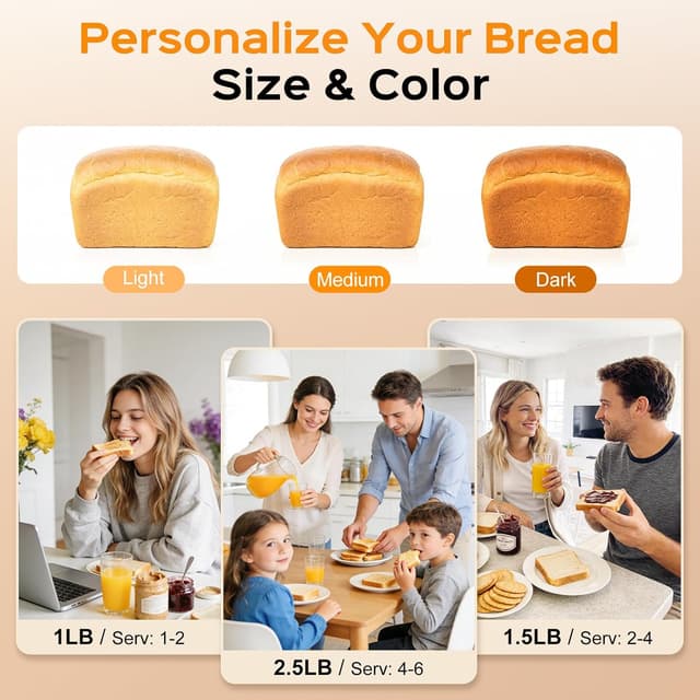 Detalle de LCKSMAL 2.5LB Bread Maker with Built-in Electronic Scale, 25 Programs, Adjustable Baking & Fermentation (White)