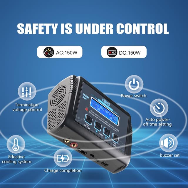 Detalle 2 de HTRC C150 LiPo Ladegerät (150W, 10A) mit Balancer für LiPo/LiHV, NiMH/NiCd & PB, LCD, 20 Speicherplätze