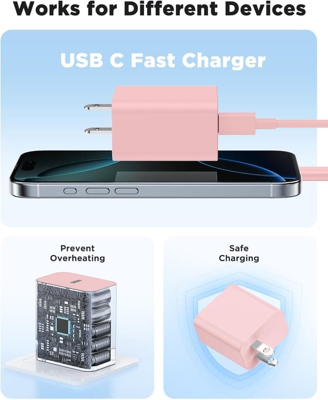 Detalle de 45W PD 3.0 iPhone Fast Charger with Super Long USB‑C Cable (6FT/10FT/10FT) — Pink
