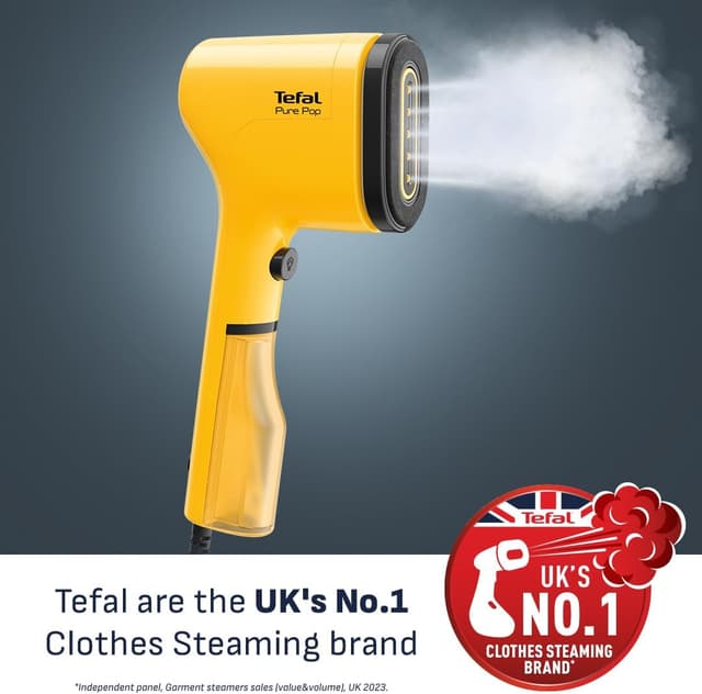 Detalle 2 de Tefal Pure Pop Slim DT2026 handheld clothes steamer (yellow) – ready in 15 seconds, 70ml detachable tank