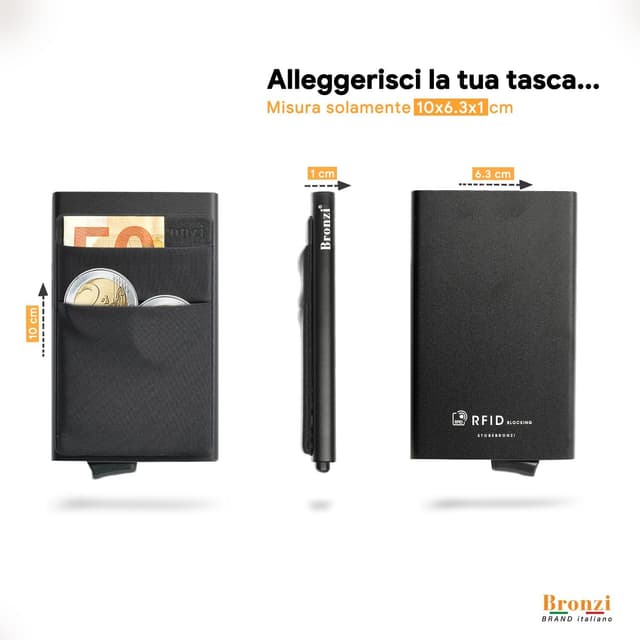 Detalle 2 de Bronzi Portafoglio Slim Piccolo con protezione RFID e portamonete (nero) – portacarte uomo/donna