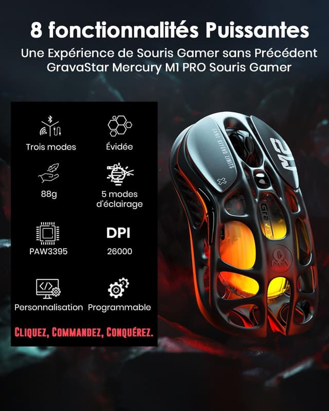 Detalle de GravaStar Mercury M2 – Souris MMO filaire/sans fil avec capteur optique 26 000 DPI, 5 boutons programmables et éclairage RVB Dynamic Lightsync
