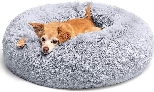 Detalle de LUOJINYI Hundebett Flauschig Donut mit rutschfestem Boden, waschbar – hellgrau, 50 cm