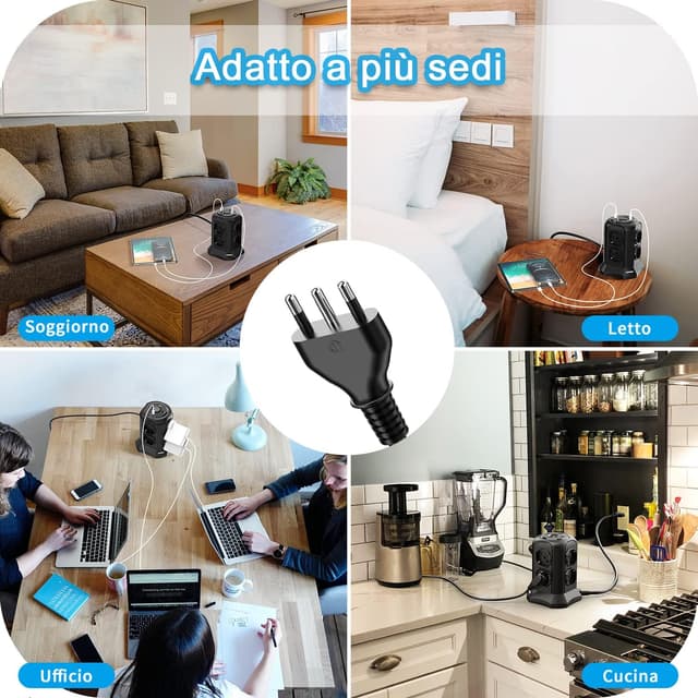 Thumbnail 6 de TOPREK Multipresa Verticale con 8 prese universali ITA/Schuko e 4 USB (2 USB-C e 2 USB-A) 4000W/16A, nera