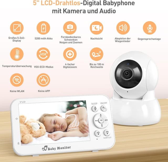 Detalle 2 de FNITAER Babyphone mit Kamera 5"